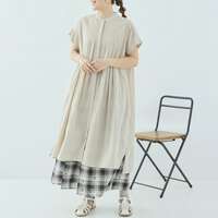 六十支薄棉細布短袖前打褶暗門襟長版洋裝 衣長109cm cloudnine｜60キャンブリック半袖 前タック入り前比翼開きワンピース