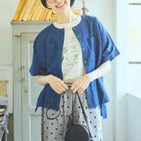 抗UV加工純棉小狗刺繡五分袖圓領上衣 胸圍130cm cloudnine｜UV遮蔽犬刺繍入りTシャツ