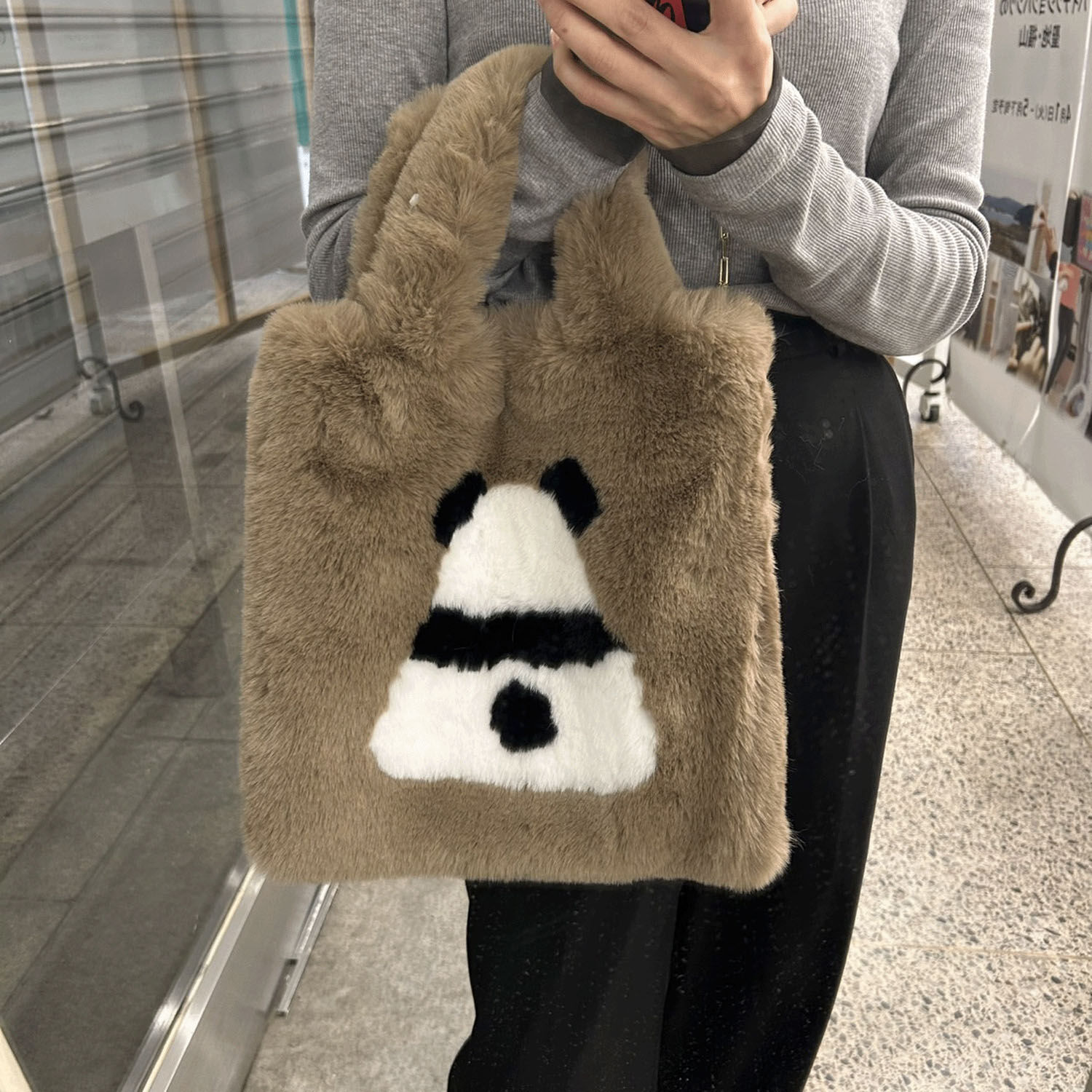 熊貓背影 環保毛草包 黑色小尾巴 30×30cm 3色｜後ろ姿パンダ エコファーバッグ