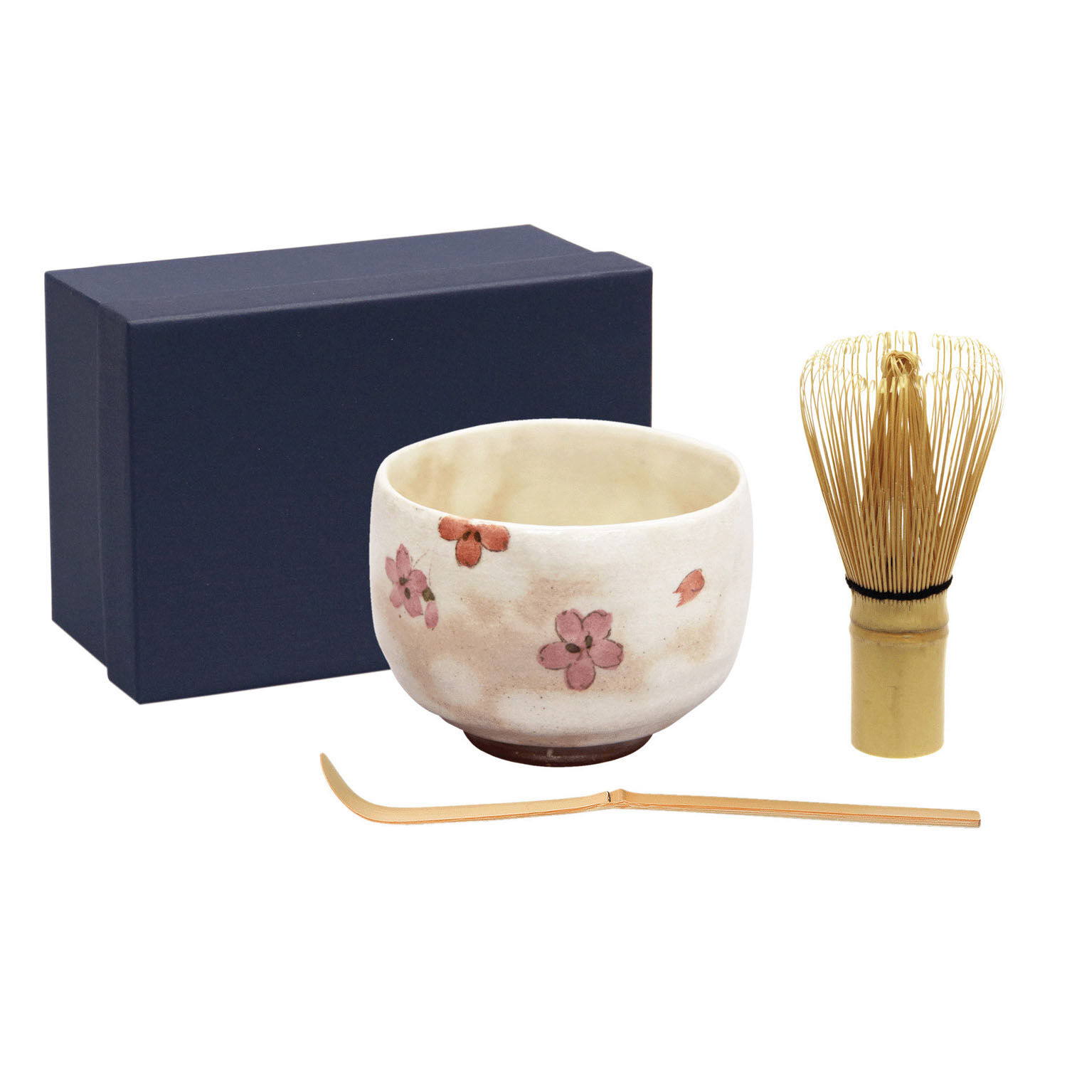 波佐見燒 櫻花彩繪抹茶碗三件組 附茶匙・百本立茶筅｜さくら絵付 お抹茶3点セット
