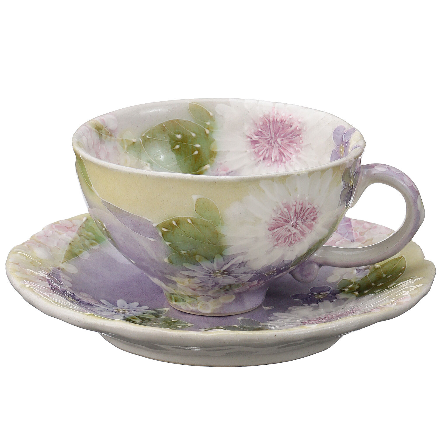 瀨戶燒手繪花卉咖啡杯盤組 花飾 杯10cm碟16cm｜花かざり珈琲碗皿