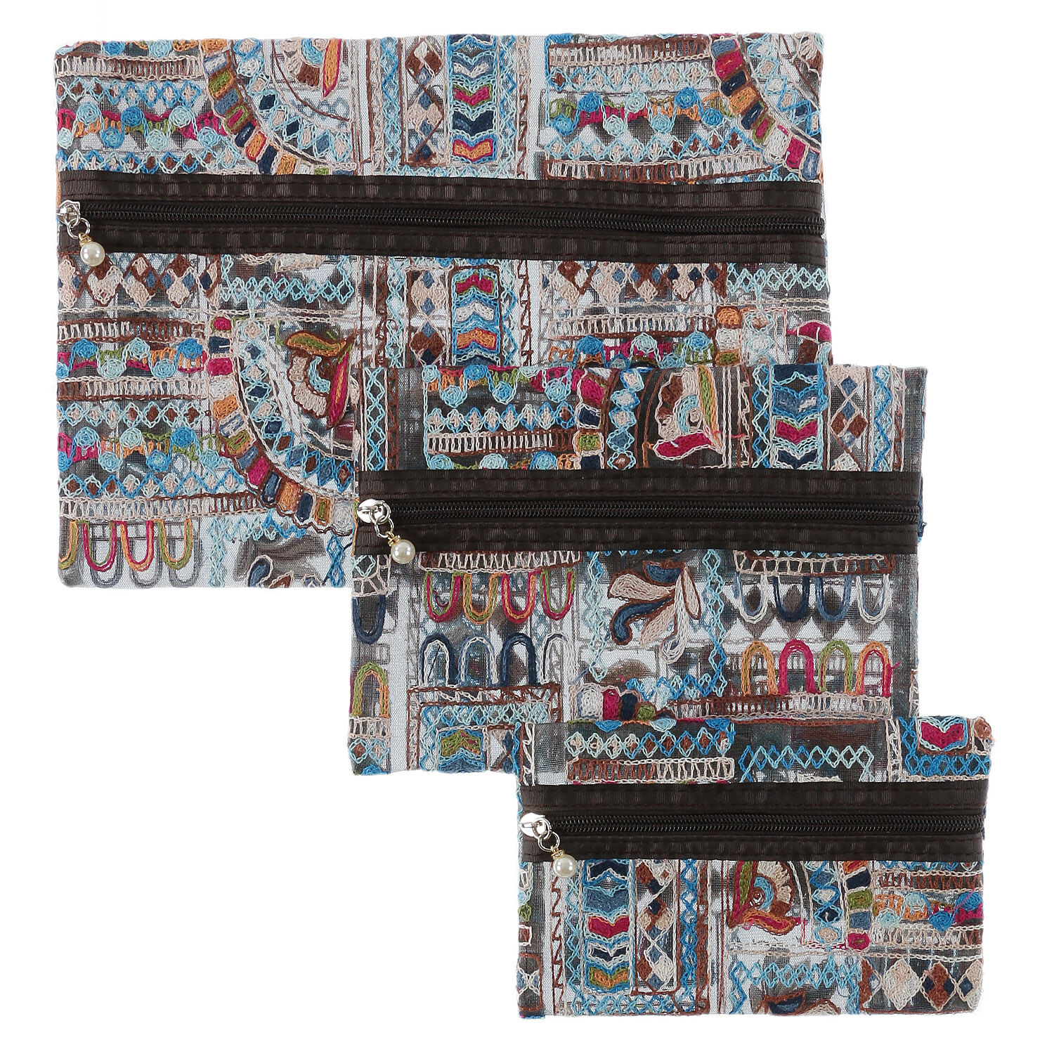 網布幾何刺繡收納包 3件組 大中小 珍珠拉鍊吊飾 4色|メッシュ3Pポーチ