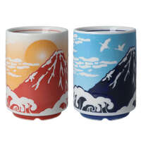 富士山湯杯 大號 約270ml 撥水印刷 美濃燒 紅・海軍藍 盒裝｜富士山湯呑大