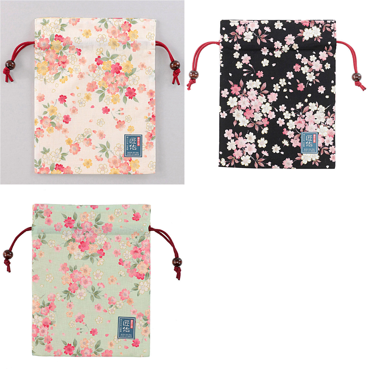 彩色櫻花 平面束口袋 棉100% 18.5×24cm 日本製 白色｜平巾着 彩り桜