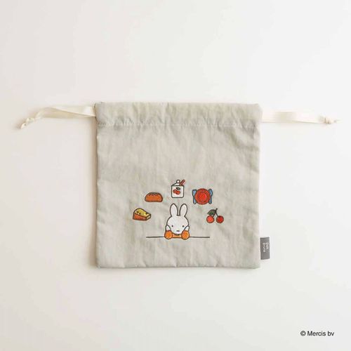 米飛兔繽紛刺繡束口收納袋 化妝品線材收納 灰色 18×18cm|ミッフィー BRUNA MOTIF EMBROIDERY 巾着 グレー