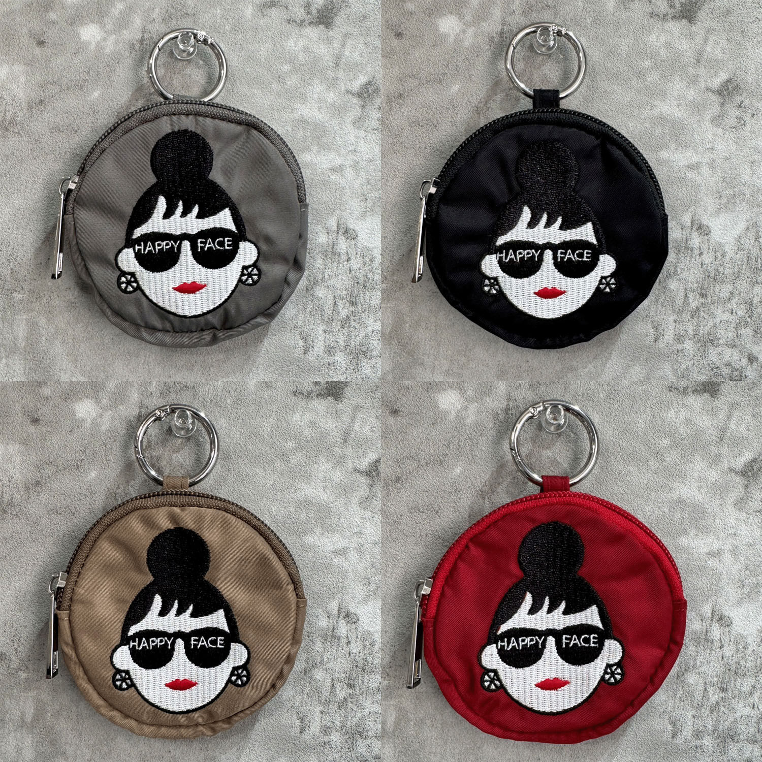 淑女艾瑪 刺繡圓形小包 9cm 登山扣 4色【HAPPY FACE】｜HAPPY FACE レディ・エマ 刺繍丸型ポーチ