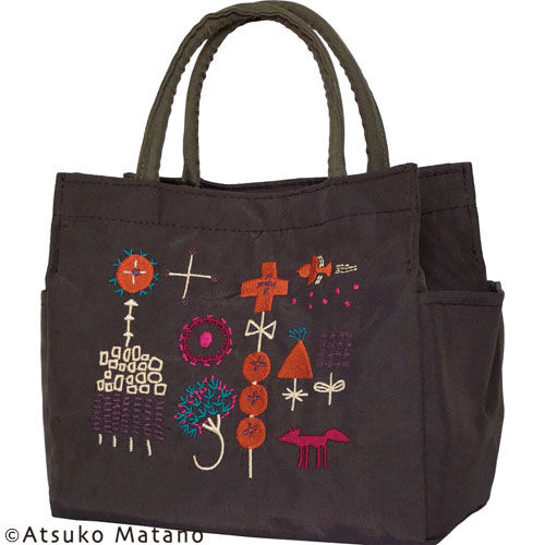 小森林刺繡 尼龍側寬托特包 便當袋 棕色【ATSUKO MATANO】｜ATSUKO MATANO 刺繍マチ付トート小さな森（ブラウン）